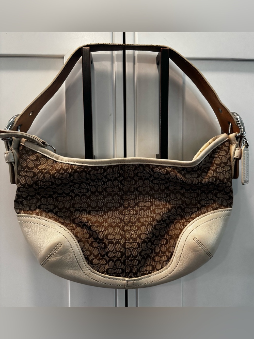 Rare Vintage Coach 6351 Signature Jacquard Brown & White Hobo Bag Canvas Leather